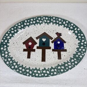 Bird House Platter Chop Plate 14" W Oval Dolengorp Stoneware White Blue Red !